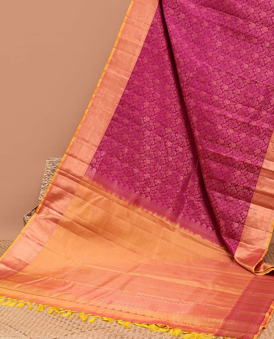 Pink floral jacquard kancheepuram silk saree with contrast checked zari border & intricate zari design pallu