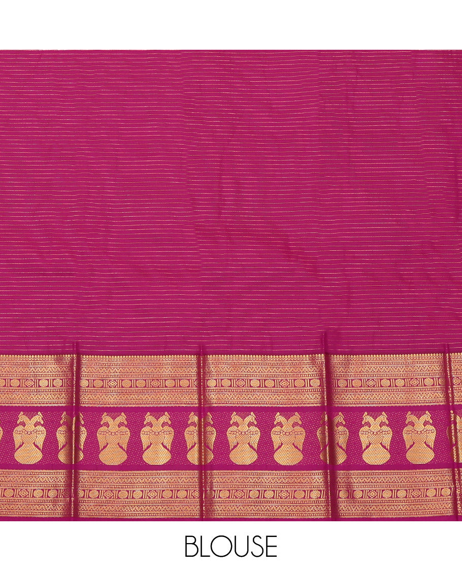 Orange Budget Silk Saree, Spotlighted with Horse Buttas and Stripes, a Contrast Traditional Iruthalai Pakshi Zari Border, a Jaal Pallu and a Contrast Blouse
