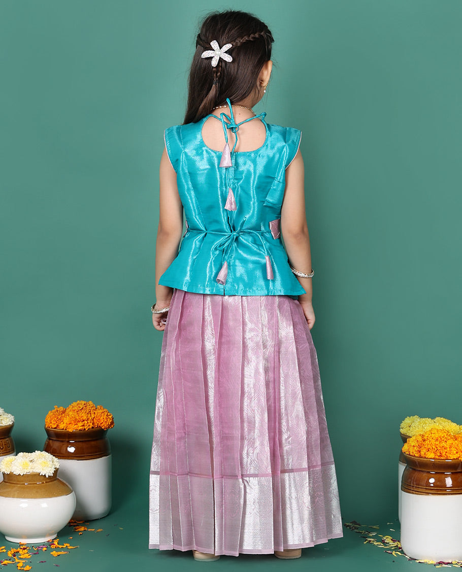Pink readymade art silk pavadai, jacquard & traditional zari border skirt, & embroidered sleeveless round-neck blouse with contrast zari work belt
