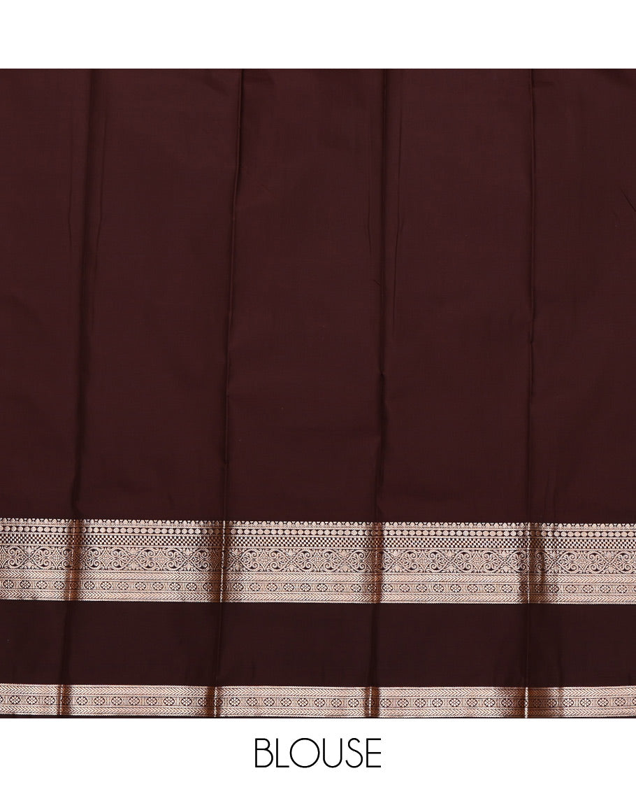 Rust Orange Budget Silk Saree, Gleamed Up with Zari Buttas All Over Its Body, Complemented by a Contrast Traditional Zari Design Rettai Pettu Border, Grand Pallu, and Paired with a Contrast Blouse