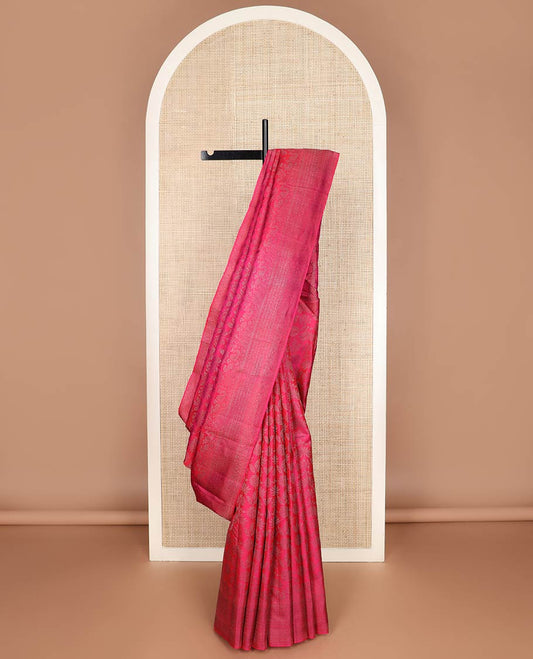 Pink floral jaal jacquard silk saree, self-border & pallu of sparsely zari-woven floral designs