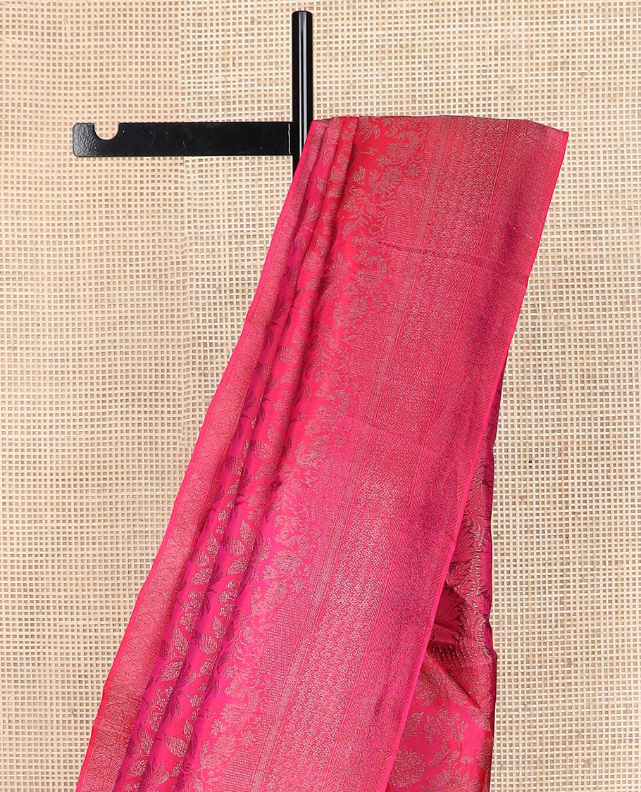 Pink floral jaal jacquard silk saree, self-border & pallu of sparsely zari-woven floral designs
