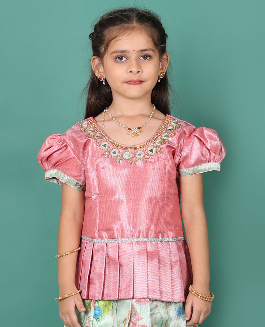 Green readymade art silk pavadai, floral print & contrast traditional zari border skirt, & embroidered puff-sleeve round-neck blouse