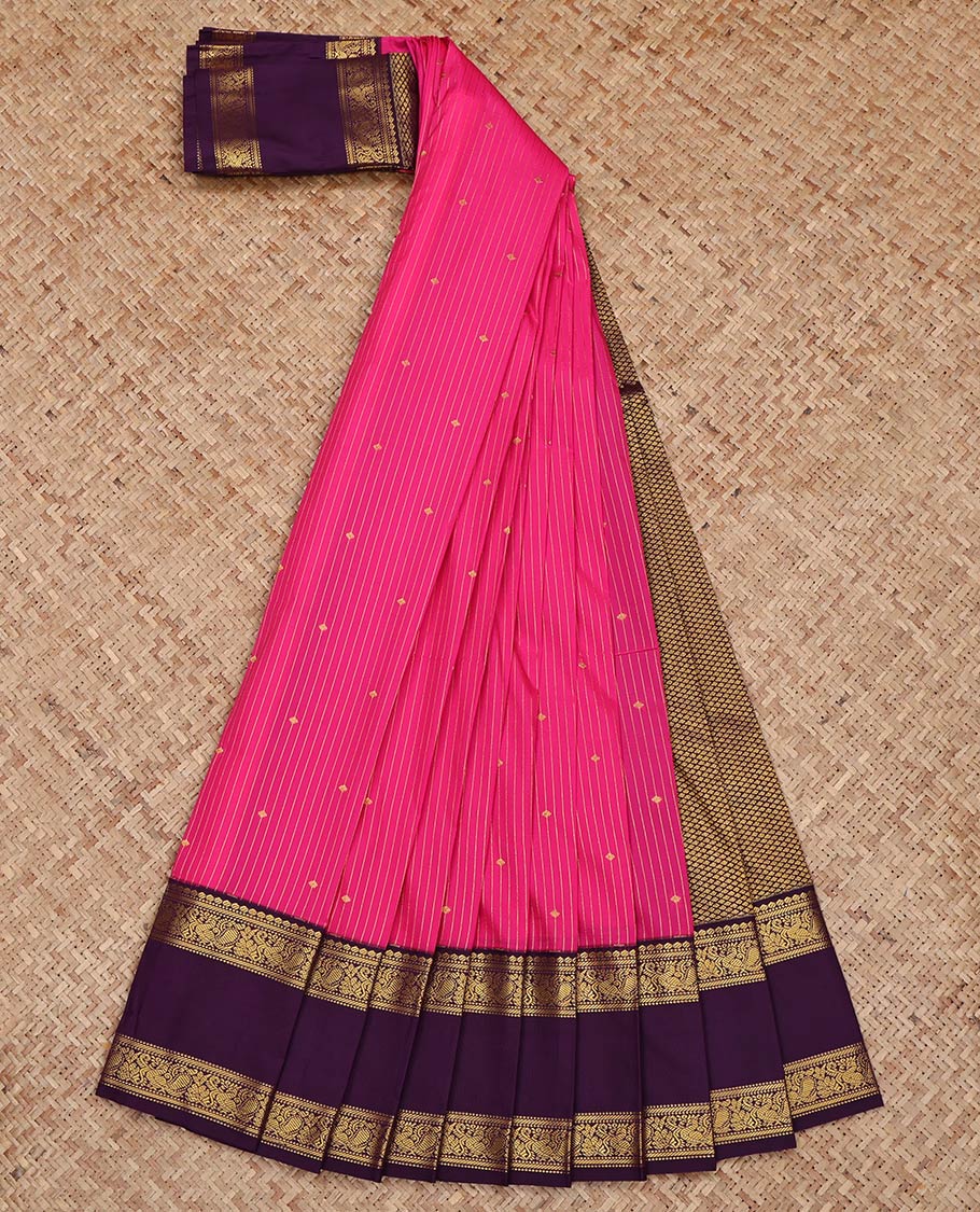 Dark Pink Budget Silk Saree, Bedecked with Zari Buttas and Stripes on Its Body, Complemented by a Contrast Traditional Zari Design Rettai Pettu Border, Grand Jaal Pallu, and Paired with a Contrast Blouse