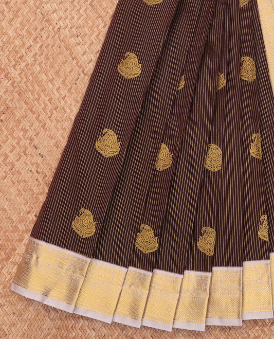 Brown Budget Silk Saree, Opulently Embellished with Buttas and Stripes, Complemented by a Contrast Traditional Zari Border, Grand Pallu, and a Contrast Blouse