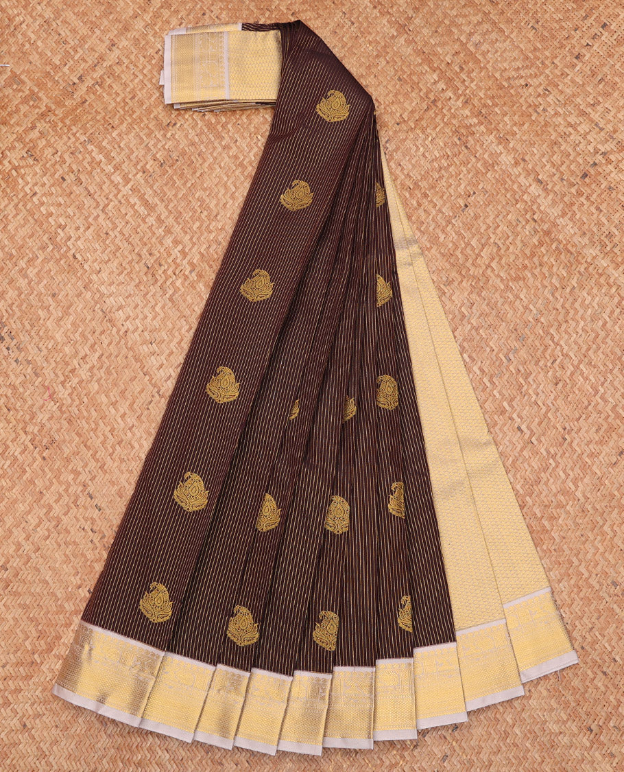 Brown Budget Silk Saree, Opulently Embellished with Buttas and Stripes, Complemented by a Contrast Traditional Zari Border, Grand Pallu, and a Contrast Blouse