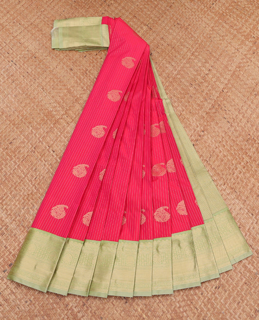 Pink Budget Silk Saree Featuring Zari Buttas, Complemented by a Contrast Traditional Zari Rettai Pettu Border, Sparsely Woven Pallu, and Contrast Blouse