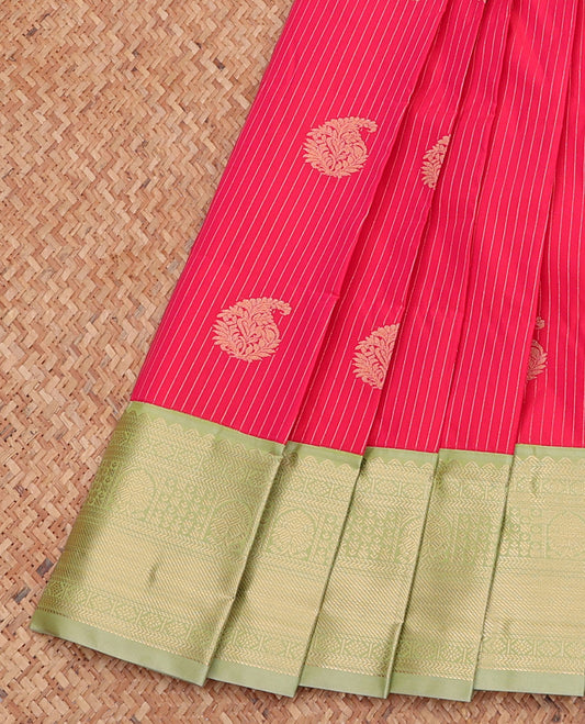 Pink Budget Silk Saree Featuring Zari Buttas, Complemented by a Contrast Traditional Zari Rettai Pettu Border, Sparsely Woven Pallu, and Contrast Blouse