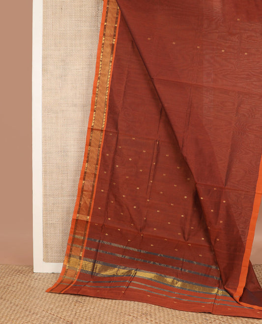 Brown tiny zari buttas Venkatagiri cotton saree, contrast zari striped paisley border & pallu of zari stripes