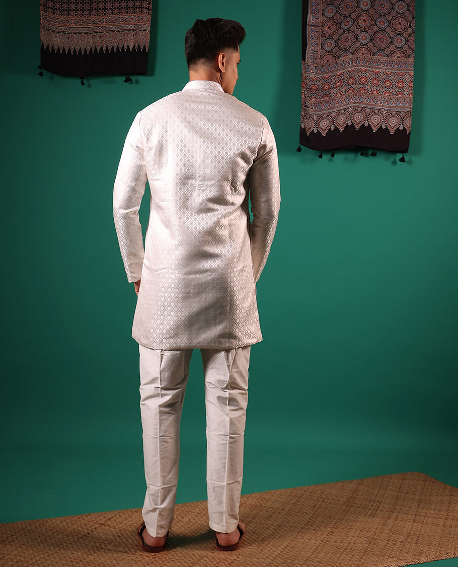 Pearl white butta enclosed jaal embossed full-sleeved men's kurta