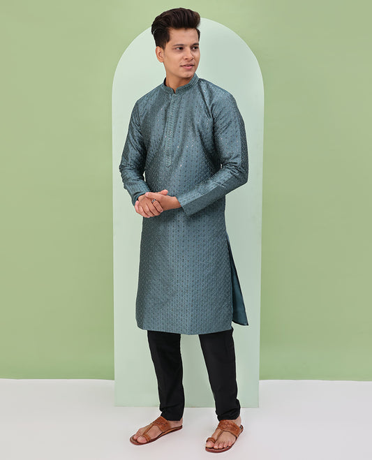 Grey argyle design sequins embroidered full-sleeve kurta set