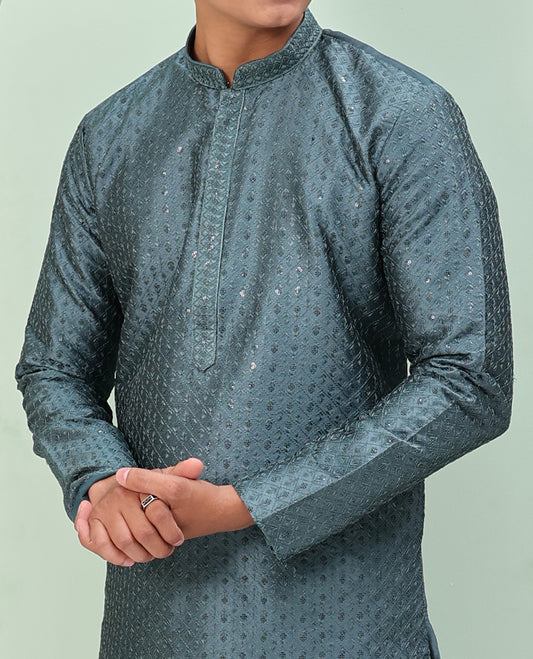Grey argyle design sequins embroidered full-sleeve kurta set