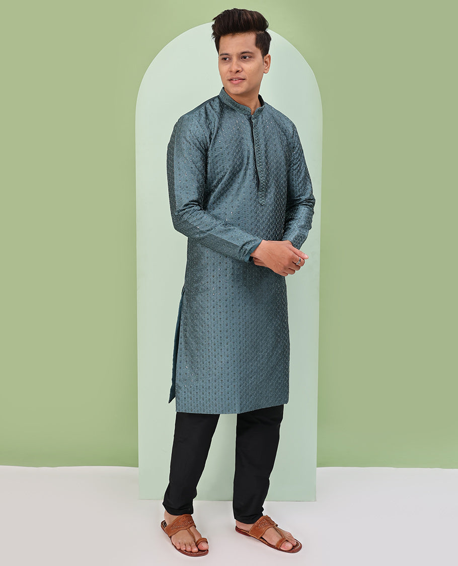 Grey argyle design sequins embroidered full-sleeve kurta set