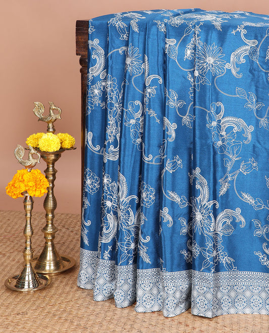 Peacock blue printed turkey crepe sare with printed border & printed pallu along with printed blouse