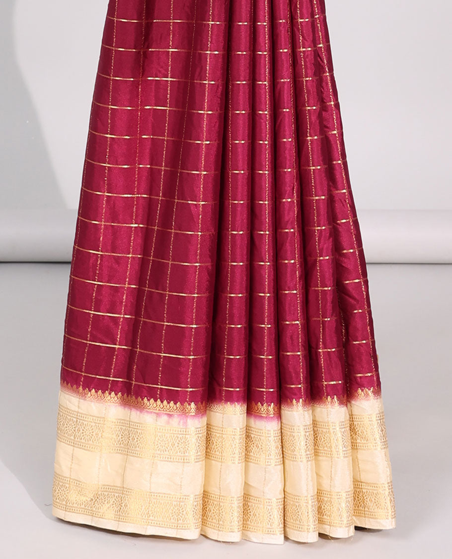 Red checked mysore silk saree with contrast reiped border & peacock design print pallu