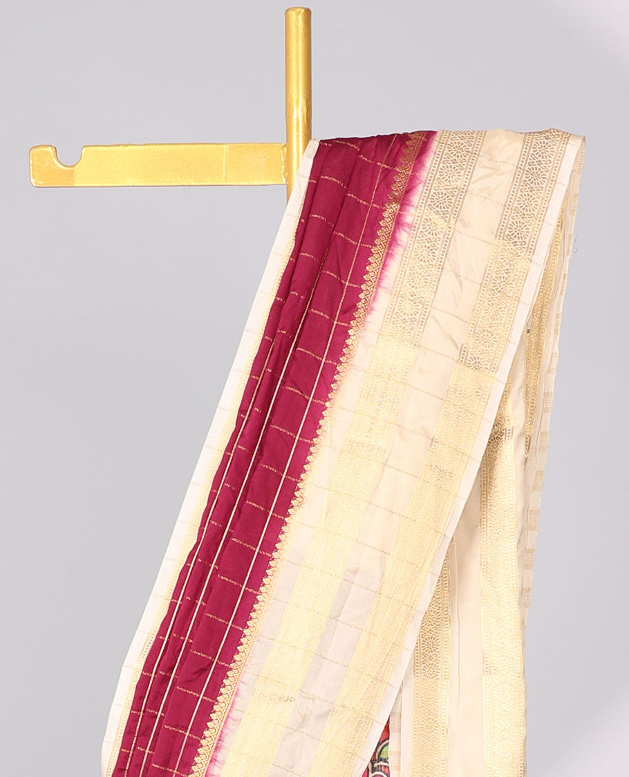 Red checked mysore silk saree with contrast reiped border & peacock design print pallu