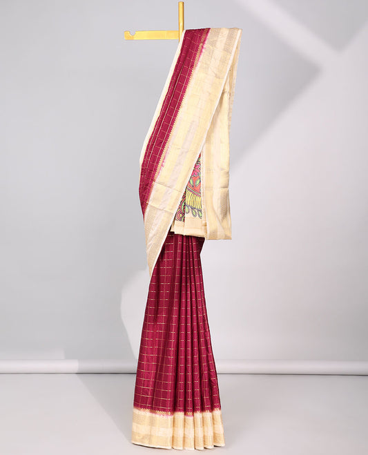 Red checked mysore silk saree with contrast reiped border & peacock design print pallu