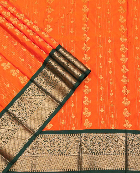 Orange Art Silk Pavadai Material Set, Elegantly Highlighted with Zari Buttas and Stripes on Its Skirt, Complemented by a Contrast Traditional Zari Design Border, and Paired with a Contrast Blouse