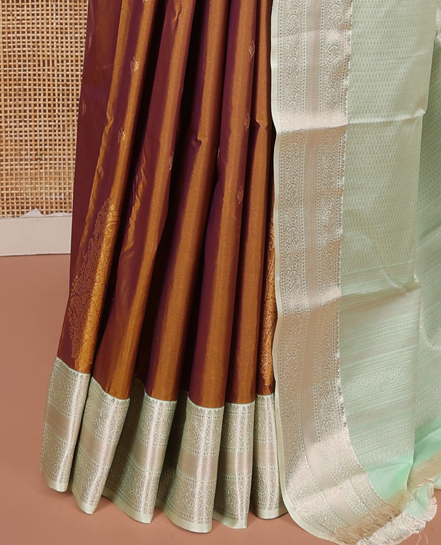 Mustard Budget Silk Saree, Ornamented with Zari Buttas on Its Body, Complemented by a Contrast Traditional Zari Design Border, Jaal Pallu, and Paired with a Contrast Blouse
