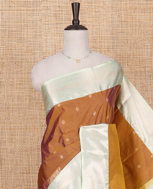Mustard Budget Silk Saree, Ornamented with Zari Buttas on Its Body, Complemented by a Contrast Traditional Zari Design Border, Jaal Pallu, and Paired with a Contrast Blouse