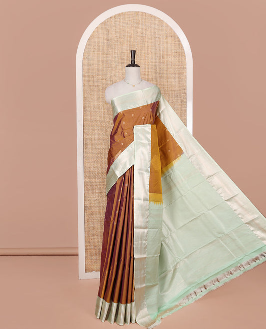 Mustard Budget Silk Saree, Ornamented with Zari Buttas on Its Body, Complemented by a Contrast Traditional Zari Design Border, Jaal Pallu, and Paired with a Contrast Blouse