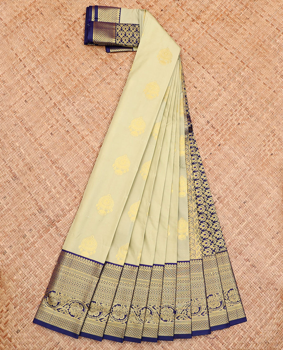 Grey Budget Silk Saree, Subtly Sparkled with Buttas All Over Its Body, Complemented by a Contrast Traditional Zari Design Border, Intricately Designed Pallu, and Paired with a Contrast Blouse