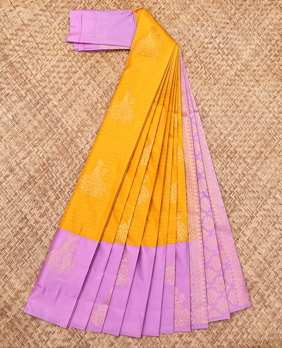 Yellow Budget Silk Saree, Subtly Sparkled with Zari Buttas and Stripes, Complemented by a Contrast Girl Figurine Zari Border, Grand Pallu, and a Contrast Blouse