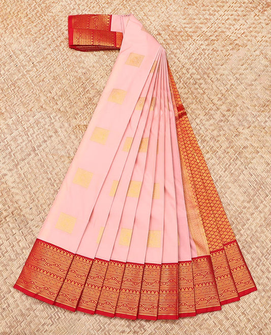 Pink Budget Silk Saree, Sparsely Sparkled with Zari Buttas, Complemented by a Contrast Traditional Zari Border, Grand Jaal Pallu, and Contrast Blouse