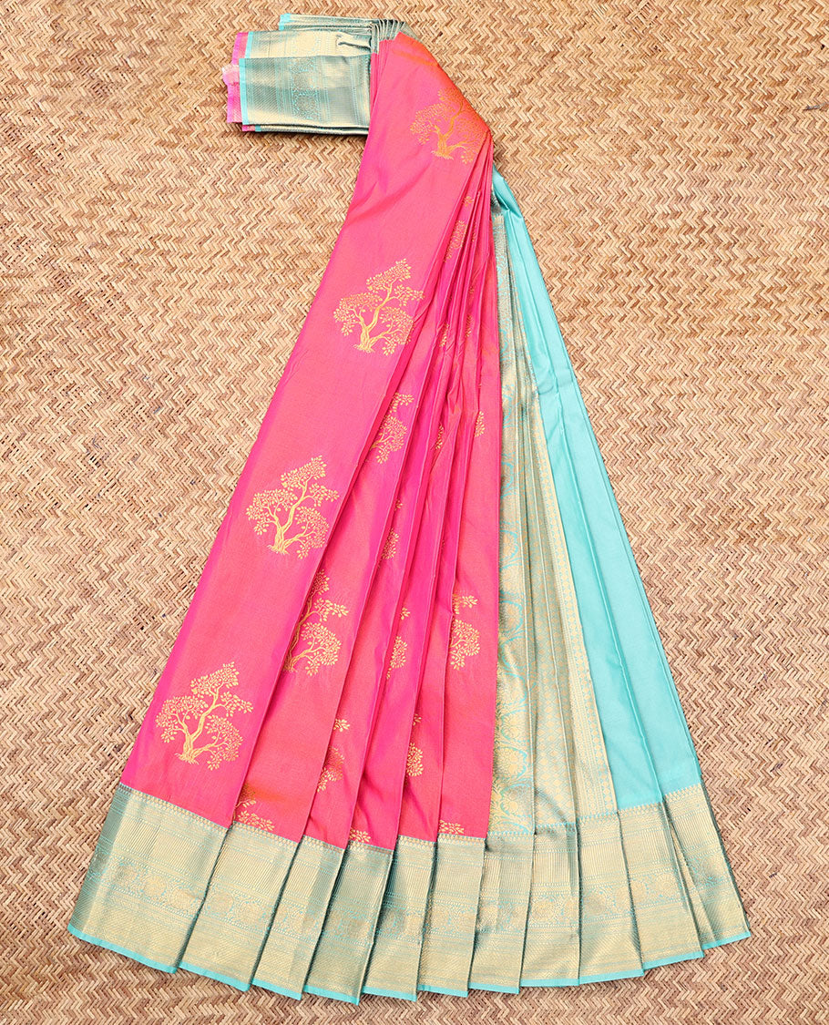 Pink Budget Silk Saree, Accentuated with Tree Zari Buttas, Complemented by Contrast Traditional Zari Border, an Intricate Pallu and a Contrast Blouse