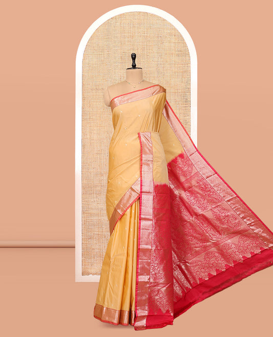 Yellow Budget Silk Saree, Sparsely Sparkled with Zari Buttas, Complemented by Contrast Traditional Zari Border, Pallu of Intricate Design, and Contrast Blouse
