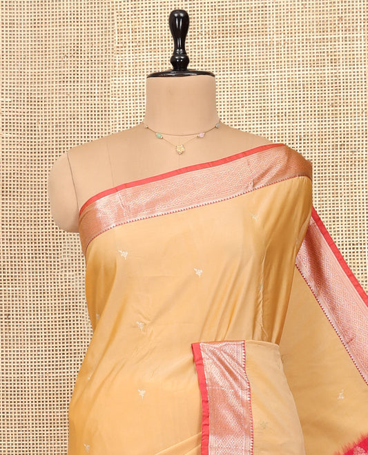 Yellow Budget Silk Saree, Sparsely Sparkled with Zari Buttas, Complemented by Contrast Traditional Zari Border, Pallu of Intricate Design, and Contrast Blouse
