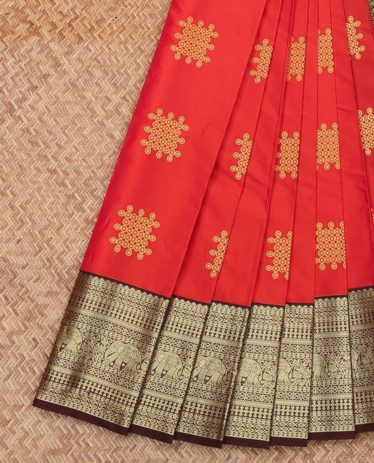 Red Budget Silk Saree, Embellished with Kolam Buttas on Its Body, Complemented by Contrast Traditional Zari Design Border, Grand Jaal Pallu, and Paired with a Contrast Blouse