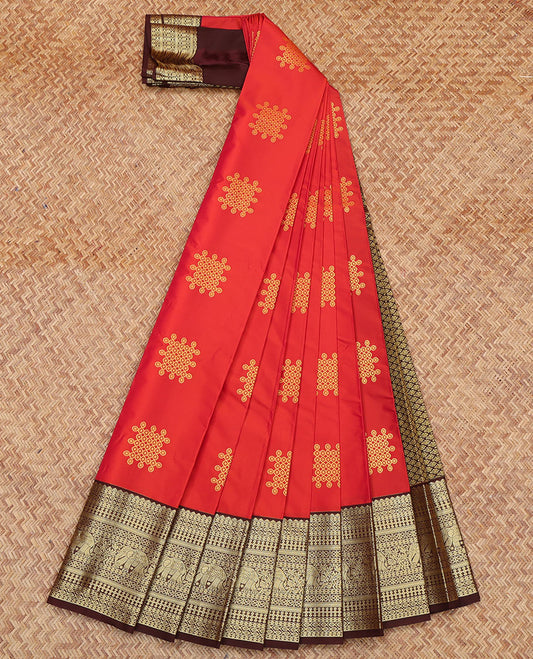 Red Budget Silk Saree, Embellished with Kolam Buttas on Its Body, Complemented by Contrast Traditional Zari Design Border, Grand Jaal Pallu, and Paired with a Contrast Blouse