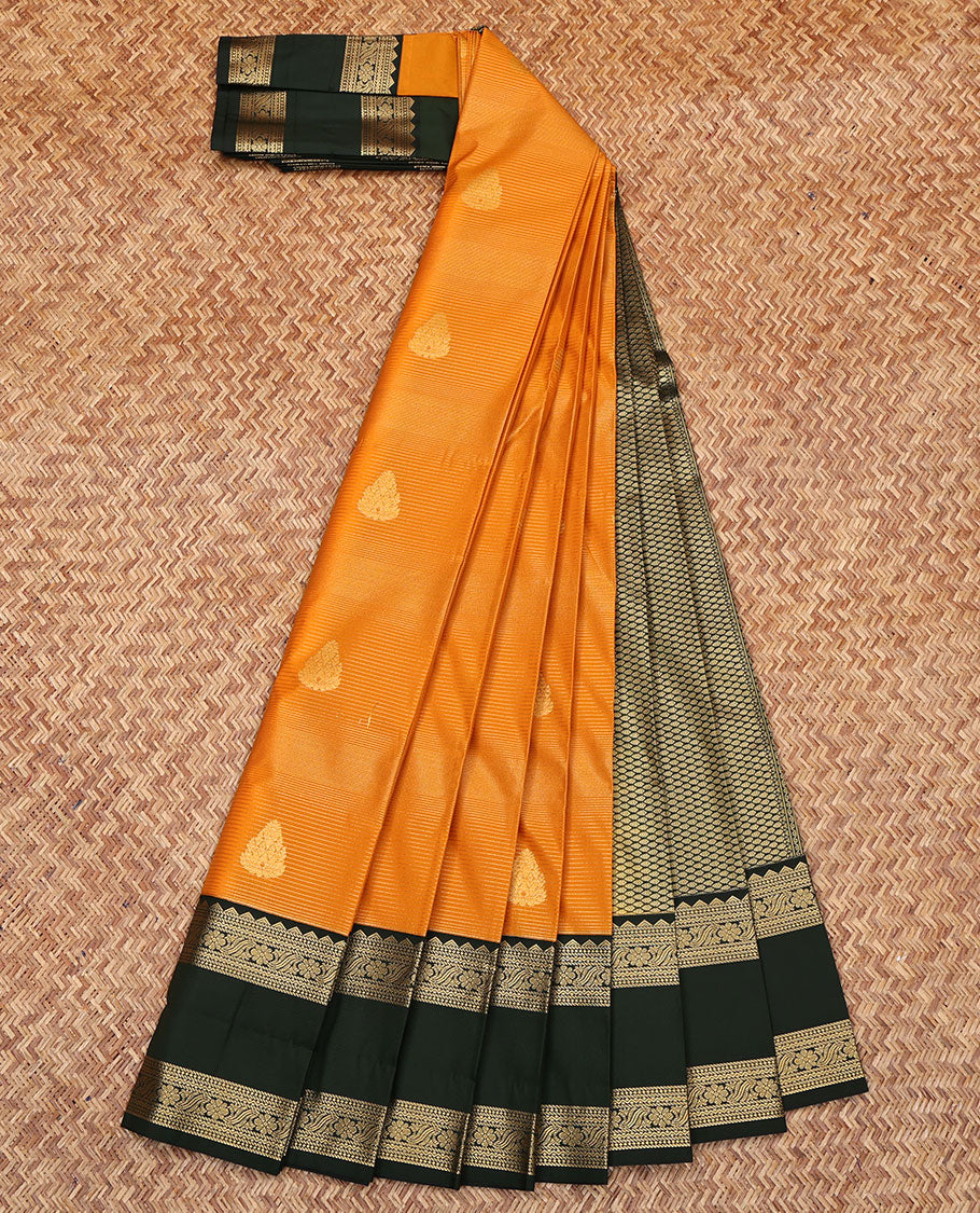 Orange Budget Silk Saree, Steeped in Richness of Zari Stripes and Zari Buttas on Its Body, Complemented by a Contrast Traditional Zari Designs Woven Rettai Pettu Border, Grand Jaal Pallu, and Paired with a Contrast Blouse