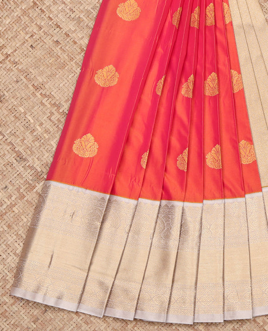 Orange-Pink Budget Silk Saree, Elevated with Zari Buttas on Its Body, Complemented by a Contrast Traditional Zari Border, Grand Pallu, and Paired with a Contrast Blouse