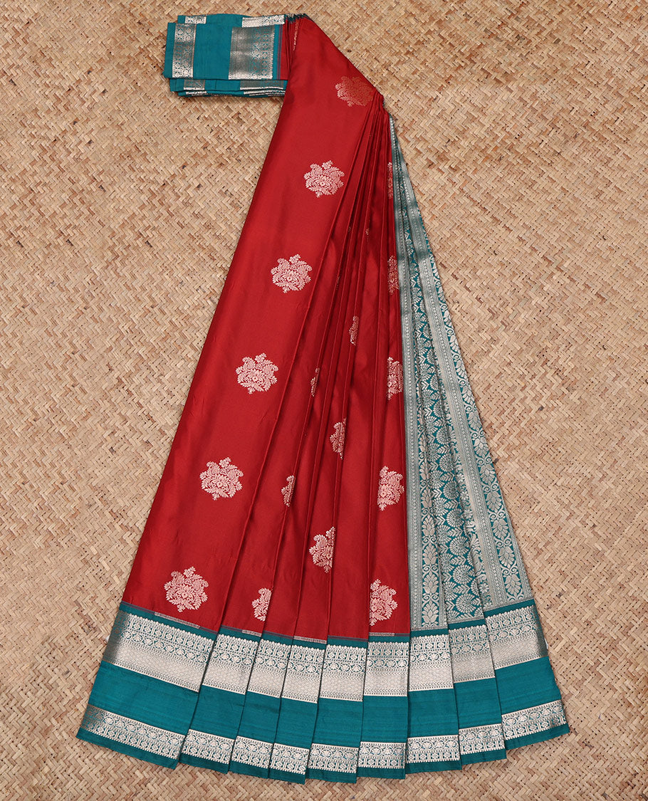 Crimson Red Budget Silk Saree, Richly Detailed with Zari Buttas All Over Its Body, Complemented by a Contrast Traditional Zari Design Rettai Pettu Border, Intricate Pallu, and Paired with a Contrast Blouse