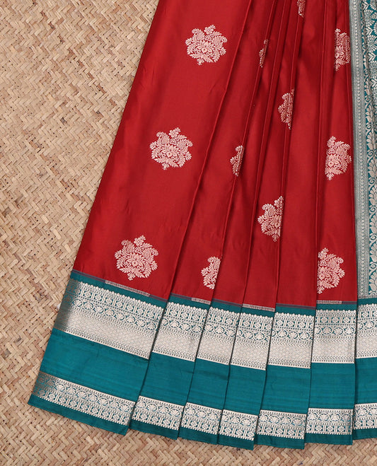 Crimson Red Budget Silk Saree, Richly Detailed with Zari Buttas All Over Its Body, Complemented by a Contrast Traditional Zari Design Rettai Pettu Border, Intricate Pallu, and Paired with a Contrast Blouse