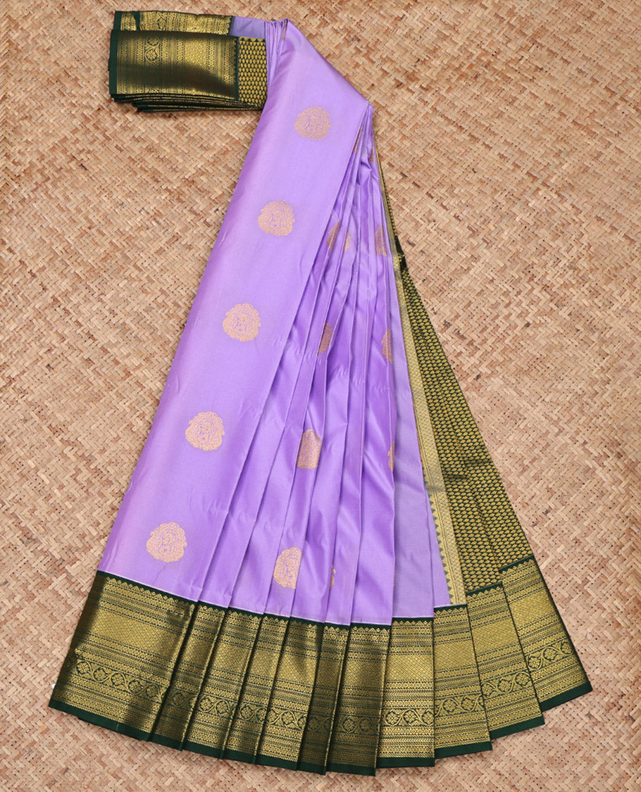 Lavender Budget Silk Saree, Woven with Zari Buttas on Its Body, Complemented by a Contrast Traditional Zari Design Border, Grand Jaal Pallu, and Paired with a Contrast Blouse