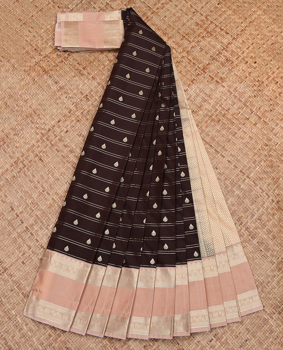 Brown Budget Silk Saree, Delicately Woven with Zari Buttas and Stripes, Complemented by Contrast Traditional Rettai Pettu Border, Grand Pallu and a Contrast Blouse