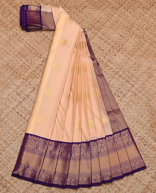 Peach Budget Silk Saree, Adorned with Zari Buttas, Contrast Traditional Zari Border, Grand Jaal Pallu, and a Contrast Blouse