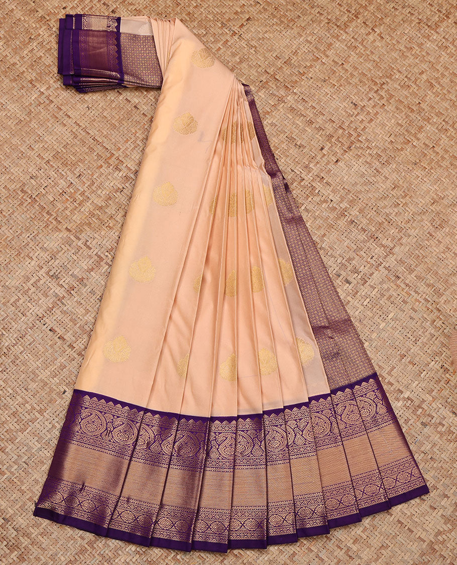 Peach Budget Silk Saree, Adorned with Zari Buttas, Contrast Traditional Zari Border, Grand Jaal Pallu, and a Contrast Blouse