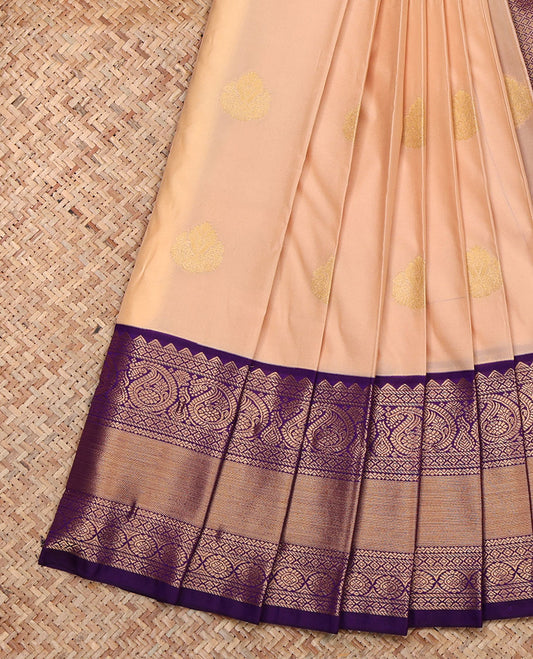Peach Budget Silk Saree, Adorned with Zari Buttas, Contrast Traditional Zari Border, Grand Jaal Pallu, and a Contrast Blouse