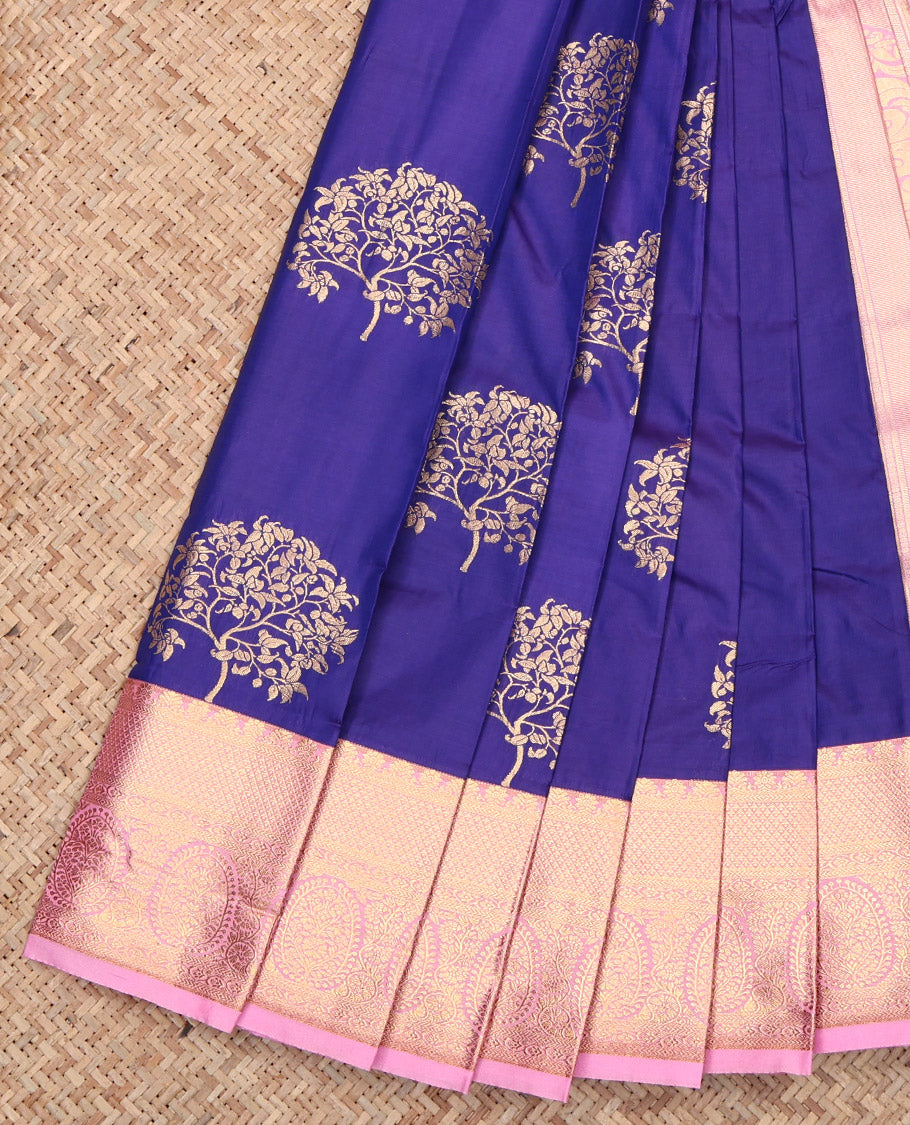 Violet Budget Silk Saree, Artfully Woven with Zari Buttas, Contrast Traditional Zari Border, Grand Pallu, and a Contrast Blouse