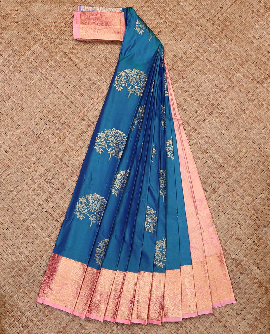 Blue Budget Silk Saree, Artfully Woven with Tree Motifs, Complemented by Contrast Traditional Zari Border, Grand Pallu and Contrast Blouse