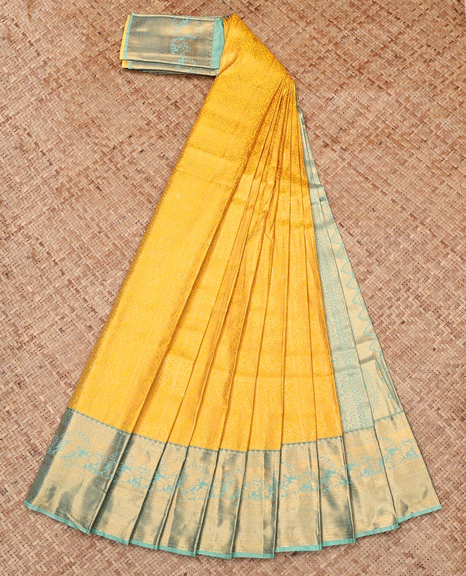 Yellow Budget Silk Saree, Sparsely Woven with Jacquard, Complemented by Contrast Traditional Zari Border, Grand Pallu, and Contrast Blouse