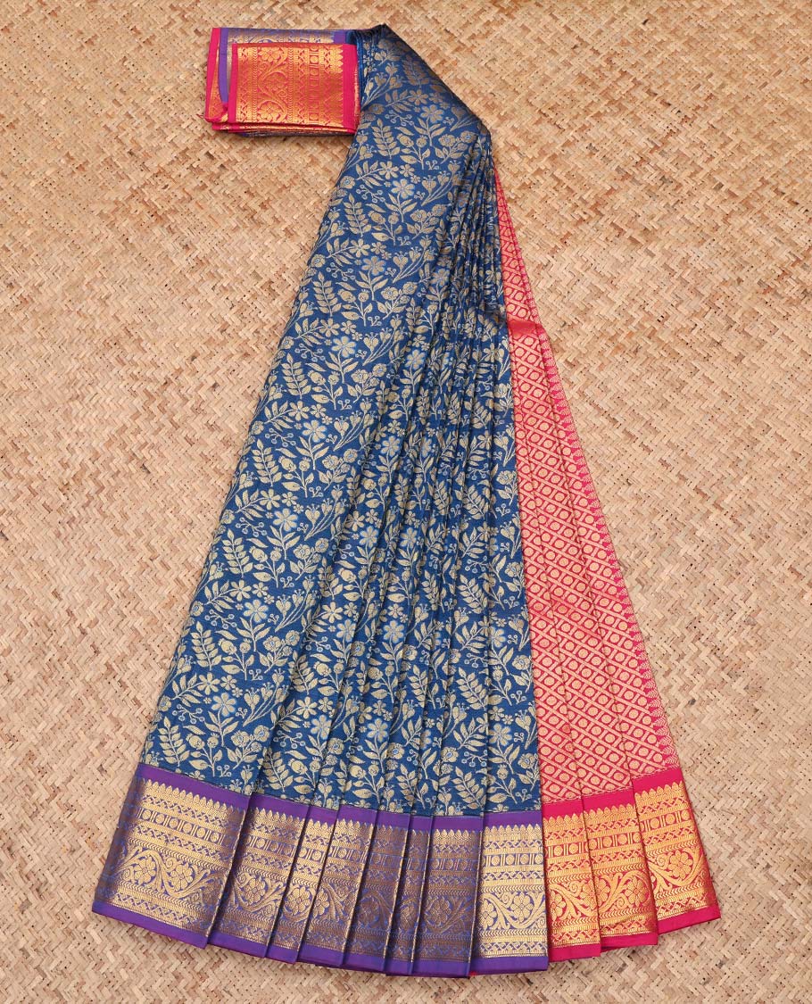 Blue Budget Silk Saree, Elevated with Leaf Jacquard Design, Complemented by a Contrast Traditional Zari Design Border, Grand Jaal Pallu, and a Contrast Blouse