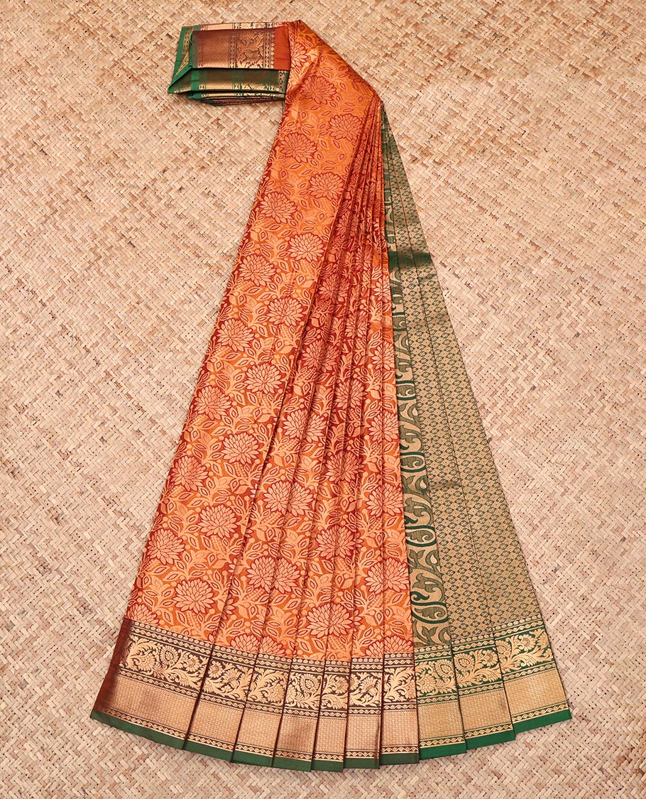 Orange Budget Silk Saree, Enthralled with Jacquard Design, Complemented by a Contrast Traditional Zari Border, Grand Pallu, and a Contrast Blouse