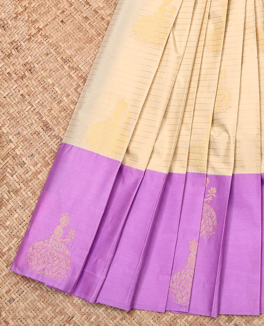 Sandal Budget Silk Saree, Sparsely Threaded with Zari Buttas and Stripes, Complemented by a Contrast Girl-Motifs Zari Border, Intricate Pallu, and Contrast Blouse