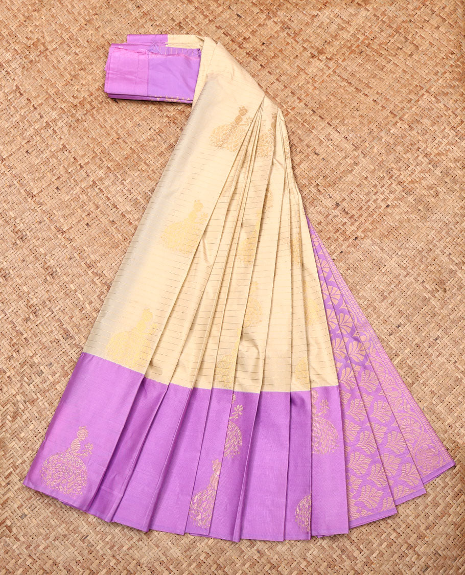 Sandal Budget Silk Saree, Sparsely Threaded with Zari Buttas and Stripes, Complemented by a Contrast Girl-Motifs Zari Border, Intricate Pallu, and Contrast Blouse