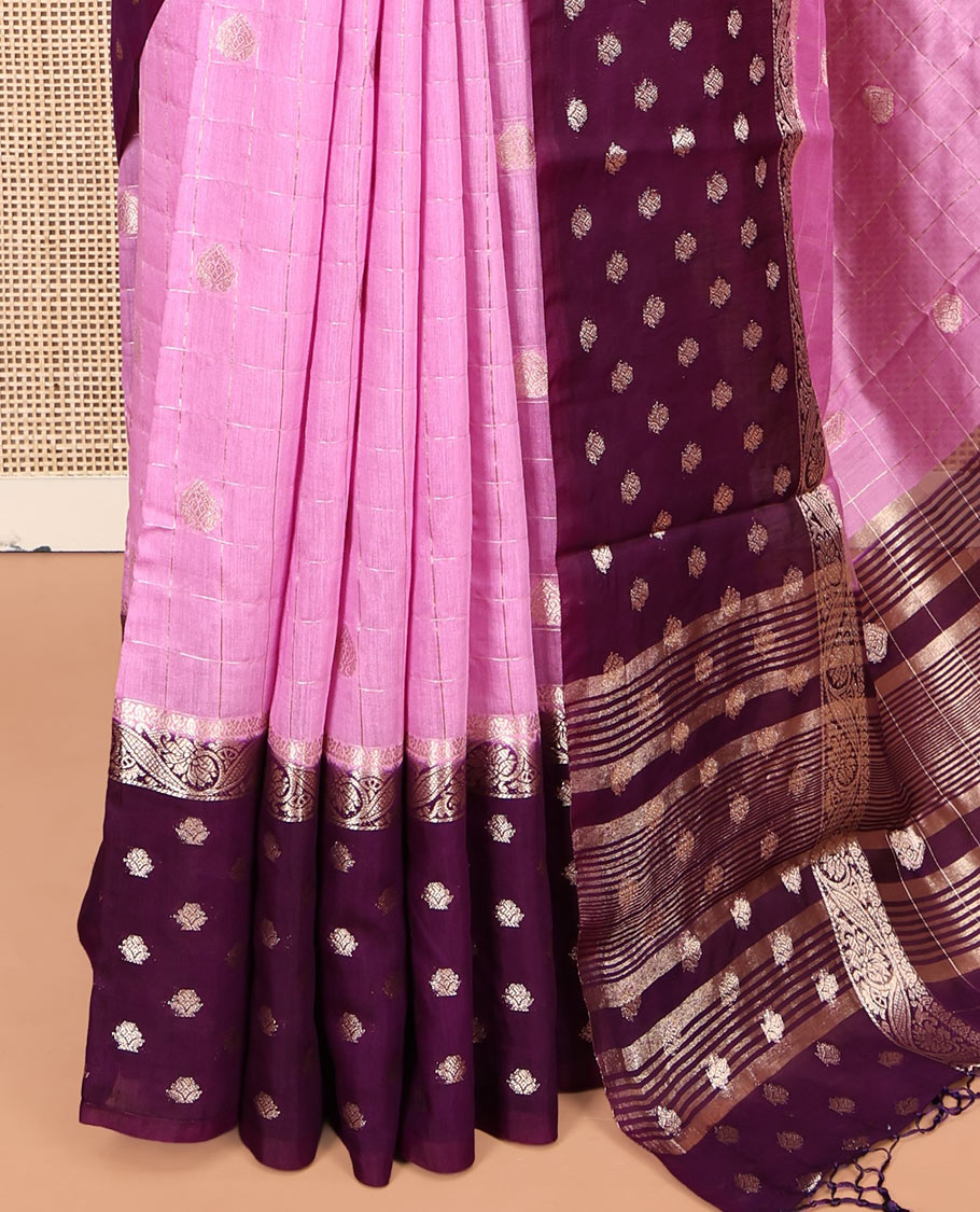 Pink Assam Silk Saree, Embellished with Zari Butta Enclosed Checks, Complemented by a Contrast Zari Butta Woven Border, Zari-Striped Pallu, and a Contrast Blouse